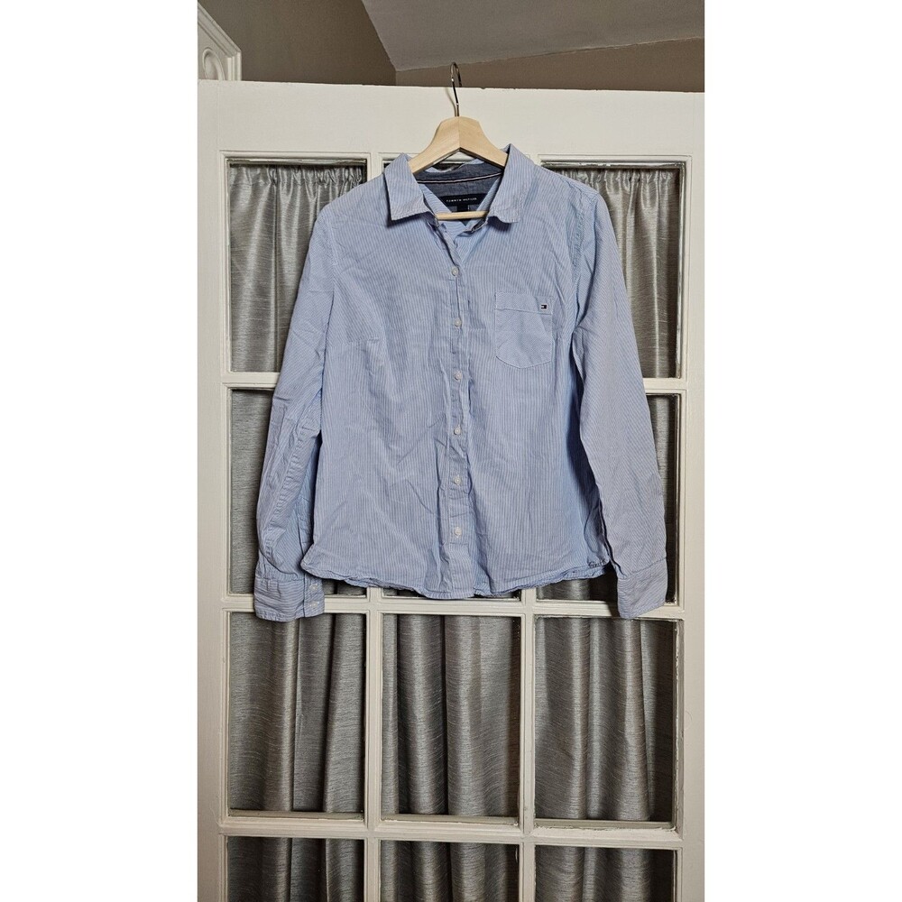 Tommy Hilfiger Womens Large Blue White Striped Cotton Long Sleeve Button Down